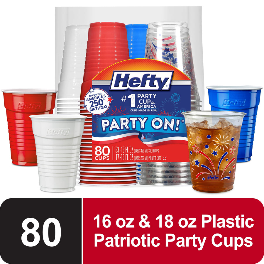 Packed assortment of Hefty red, white, blue and clear patriotic plastic party cups with branded label and ice-filled cup