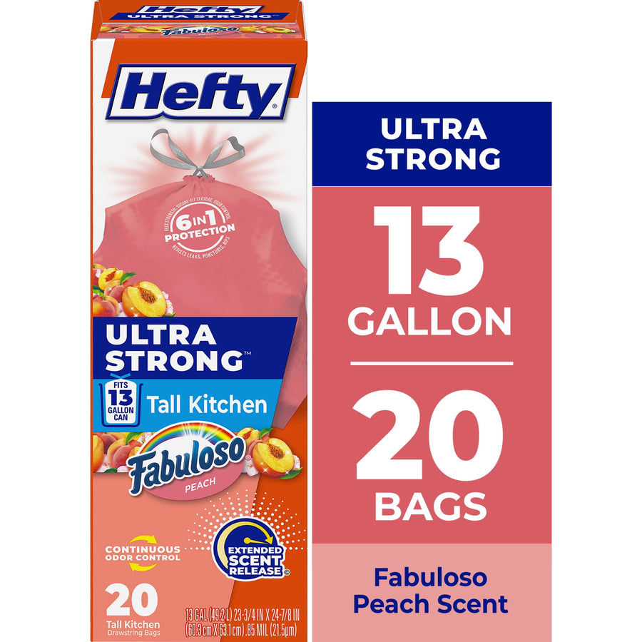 Boxed Hefty Ultra Strong 13 gallon tall kitchen trash bags in peach packaging with Fabuloso logo and quantity callout