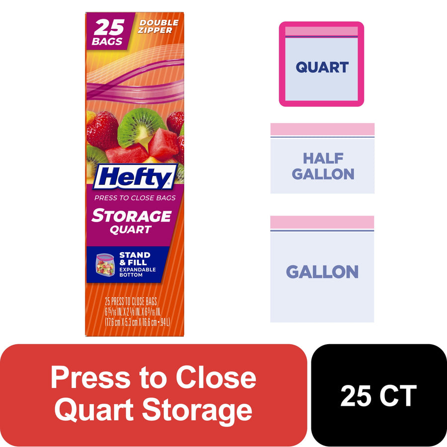 Hefty quart storage bag box packaging with fruit image, product name and 25 count callout