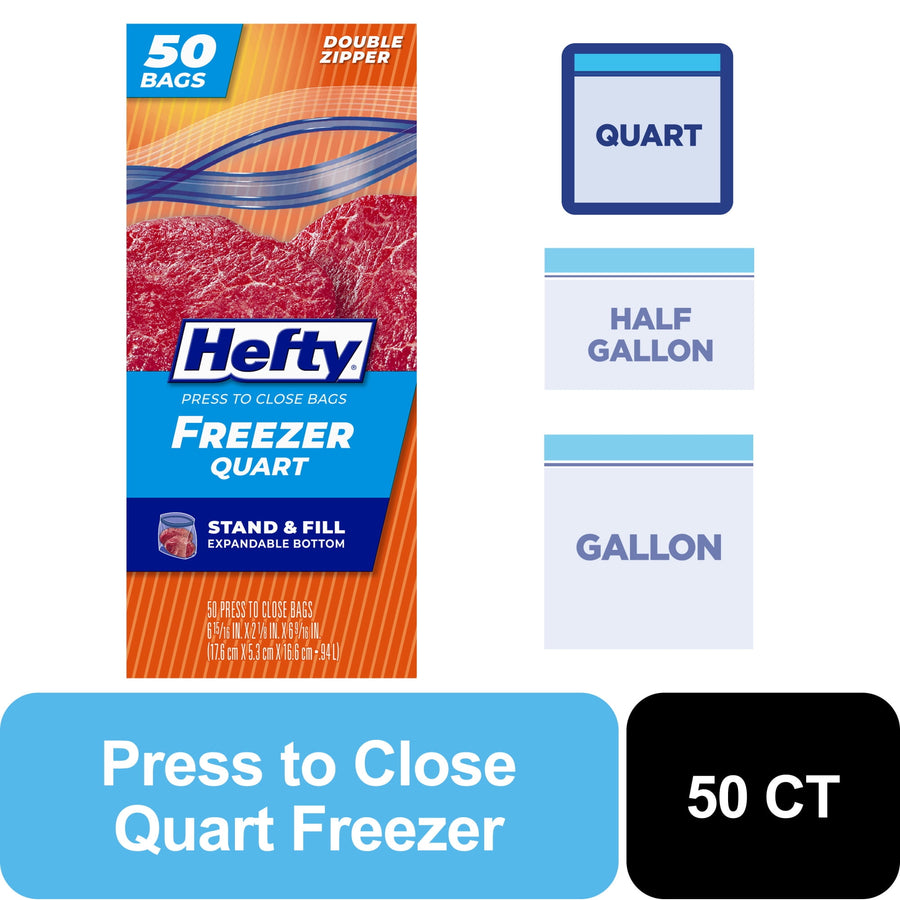Hefty Freezer quart bag packaging graphic with brand logo, steak image and bag size icons on orange background