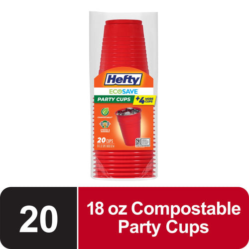 Stacked pack of Hefty red ECOSAVE compostable party cups in clear retail packaging
