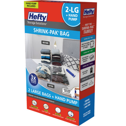 Hefty Shrink-Pak retail box showing 2-LG + hand pump packaging with before-and-after folded clothes image.
