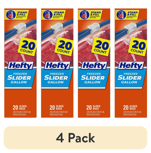 Four vertical Hefty Freezer Slider gallon box panels showing 20 count label and meat graphic on orange background