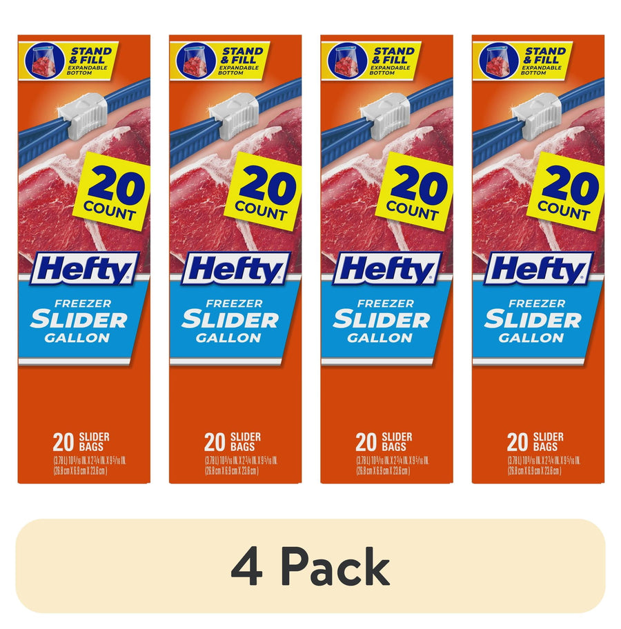 Four vertical Hefty Freezer Slider gallon box panels showing 20 count label and meat graphic on orange background