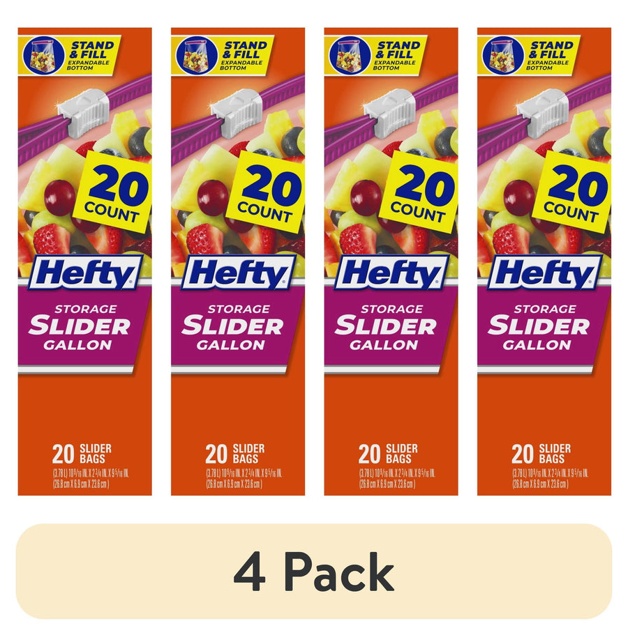 Four vertical Hefty Slider Gallon package fronts showing 20 count label and fruit image