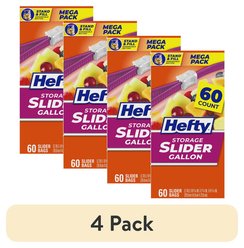 Four Hefty Slider Gallon storage bag boxes arranged as a 4-pack graphic with product branding and 60 count badge