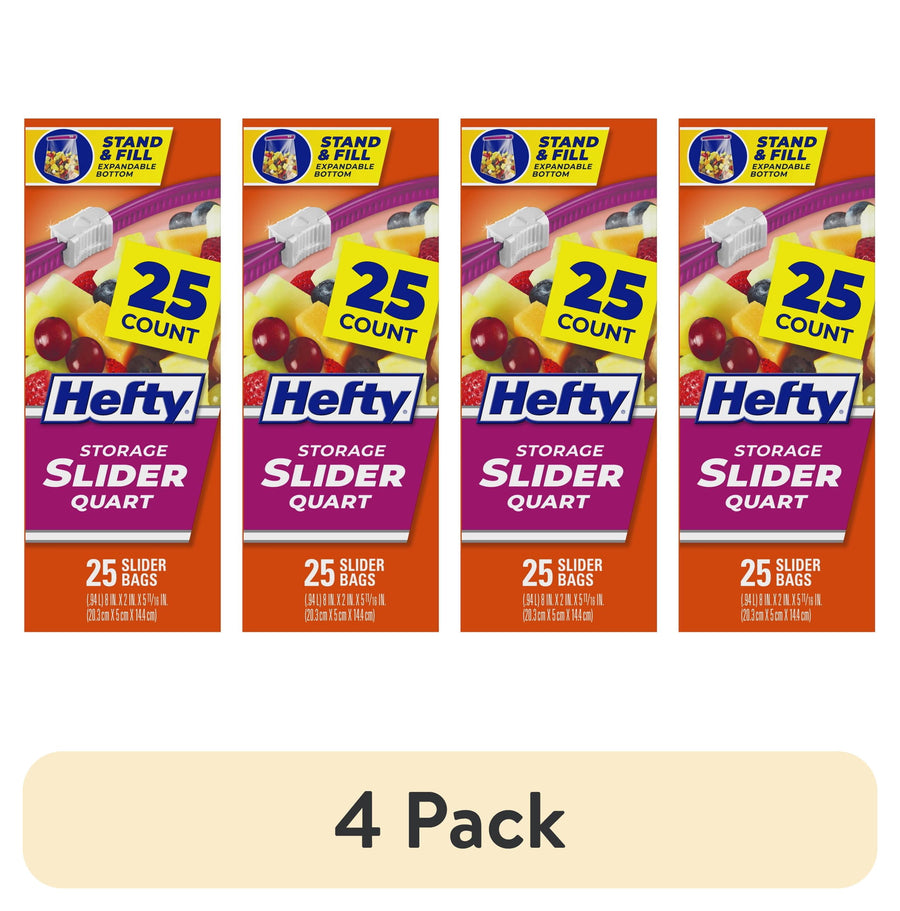Four Hefty Slider Quart box fronts in a row showing 25 count branding and colorful fruit graphics on white background.