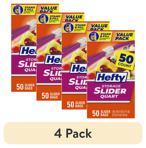 Four Hefty Storage Slider Quart value-pack boxes shown fanned with a 50 count badge and '4 Pack' label.