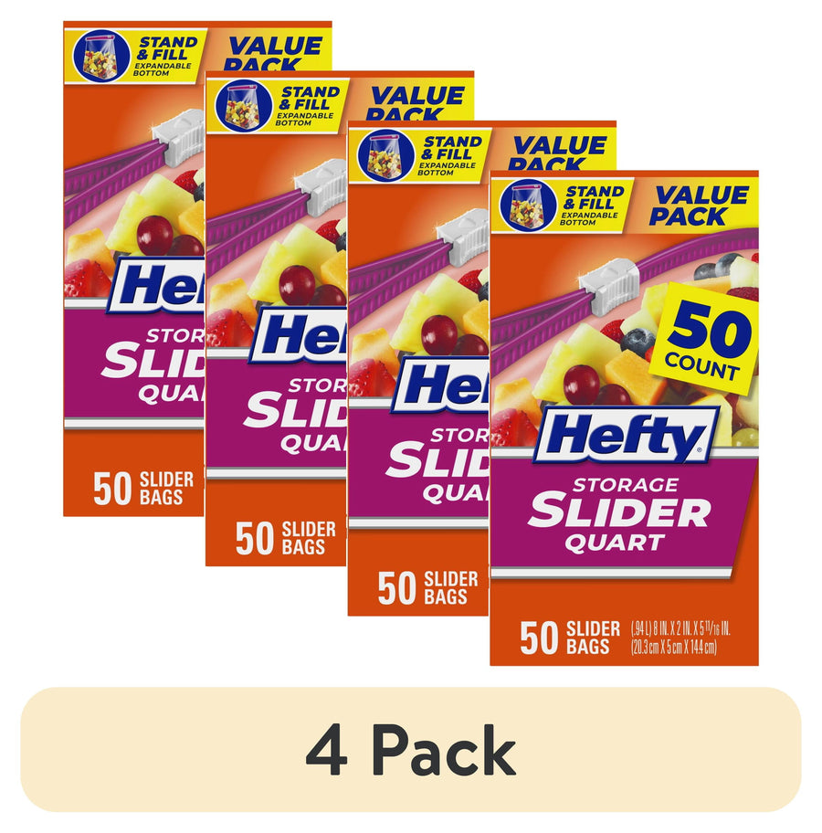 Four Hefty Storage Slider Quart value-pack boxes shown fanned with a 50 count badge and '4 Pack' label.