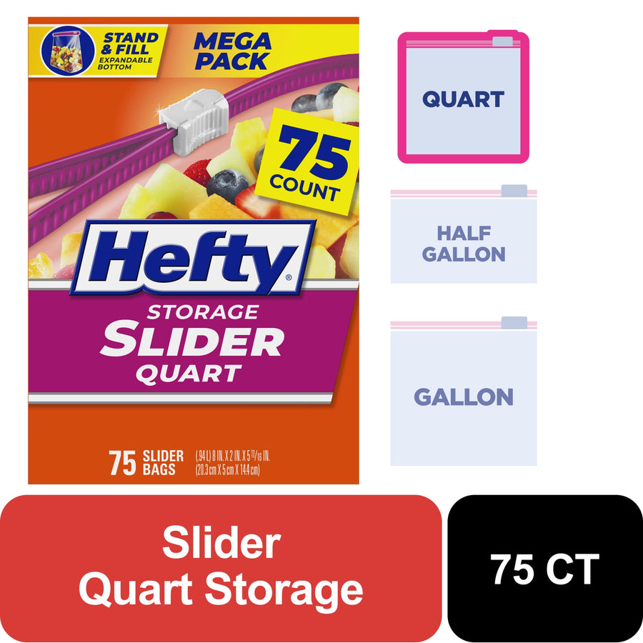 Hefty Slider quart storage bag packaging showing brand name, 75 count callout and size icons