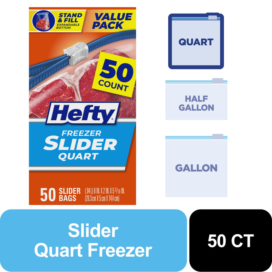 Hefty freezer slider quart value pack box front with 50-count callout and zipper graphic