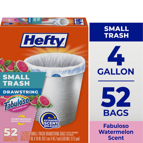 Hefty orange box showing a small 4-gallon trash bag in a silver wastebasket with Fabuloso watermelon graphics.