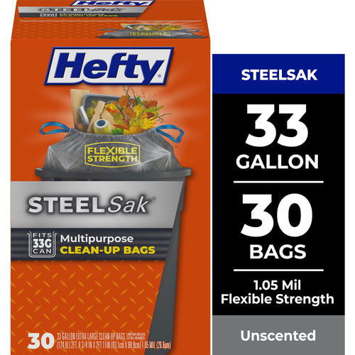 Hefty STEELsak orange retail box front showing 33 gallon / 30 bags branding and flexible strength badge