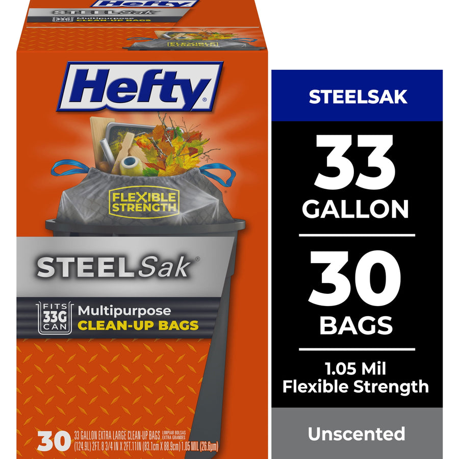 Hefty Steelsak orange retail box showing 33 gallon and 30 bags callouts with trash can graphic