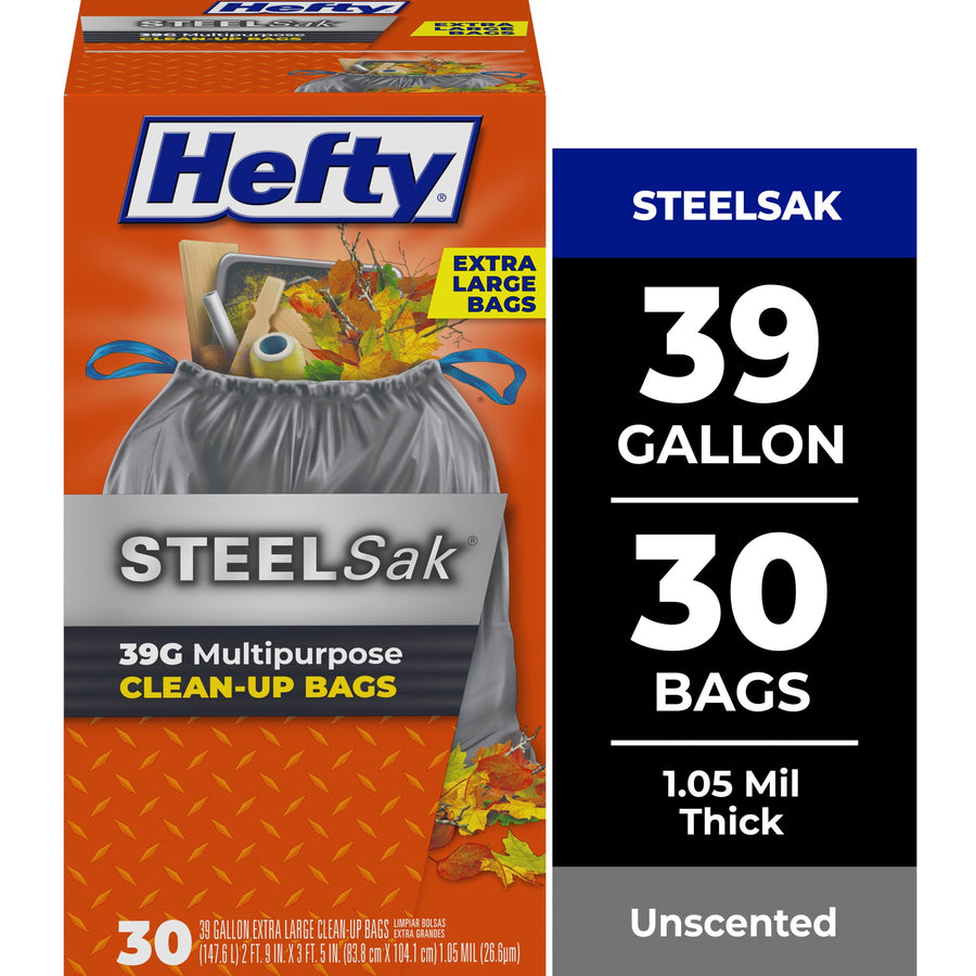 Hefty Steelsak retail box front showing gray trash bag graphic, 39 gallon and 30 bags text panel