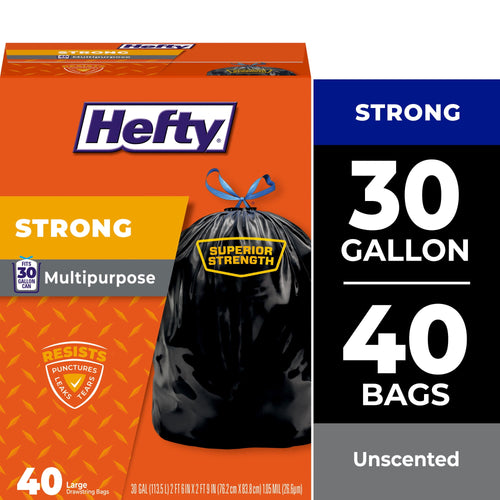 Hefty orange packaging panel showing a tied black trash bag, '30 gallon' and '40 bags' text and product branding