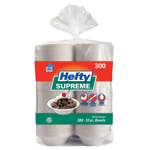 Clear plastic-wrapped pack of Hefty Supreme white foam bowls with red and green branding and a 300 count label.