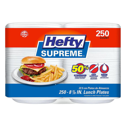 Hefty Supreme branded pack of white foam lunch plates showing logo, plate image and '250 count' on packaging.