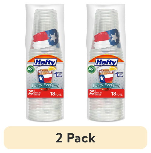 Two stacked Hefty clear plastic cup packs with Texas flag print labels, showing 25 cups and 18 fl oz on packaging.