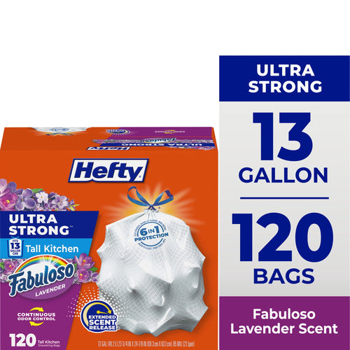 Hefty Ultra Strong 13-gallon tall kitchen trash bag box with Fabuloso lavender branding and large 120 bags callout