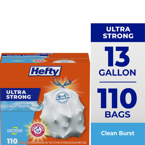 Hefty Ultra Strong orange and blue box showing a tied white trash bag with 13 gallon and 110 bags callouts