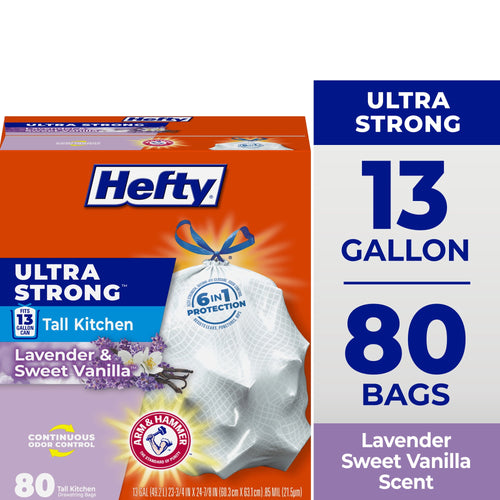 Front-facing Hefty Ultra Strong box showing logo, 13 gallon label, lavender & sweet vanilla scent callouts and 80 bags count.