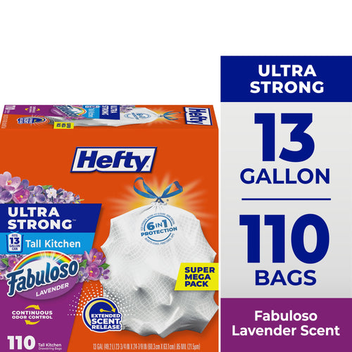 Hefty Ultra Strong orange product box showing 13-gallon label, Fabuloso lavender branding and a drawstring trash bag image