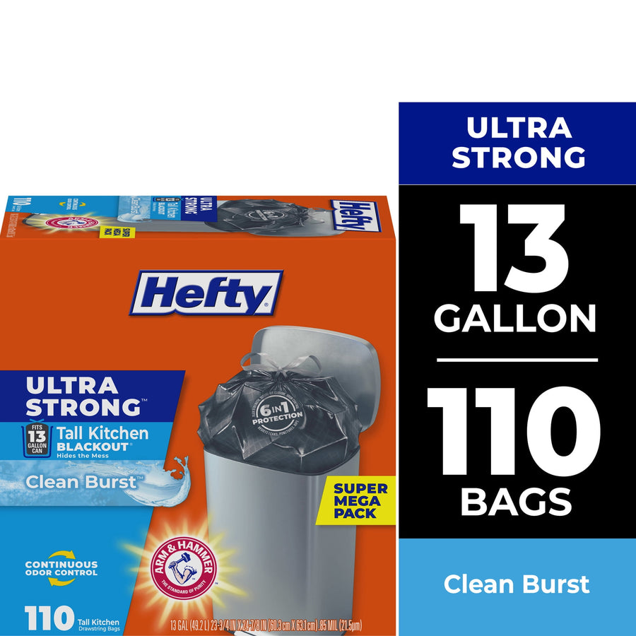 Hefty orange and blue package showing Ultra Strong 13 gallon trash bags with a trash can image and 110 bags callout.