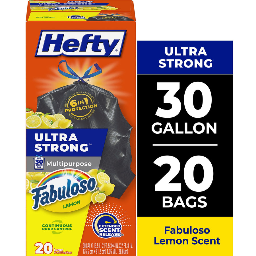 Hefty orange retail box showing a tied black trash bag, large '30 gallon' and 'Fabuloso lemon' branding and product details.