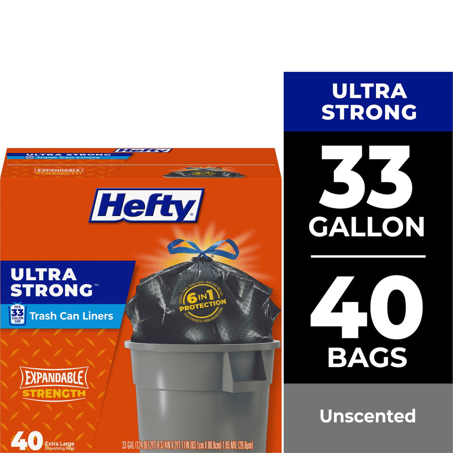 Hefty Ultra Strong 33 gallon trash bag box front showing black drawstring bag and product callouts on orange packaging