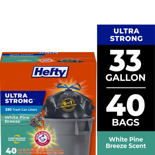 Hefty Ultra Strong orange box showing 33 gallon label, trash bag in bin and White Pine Breeze scent branding