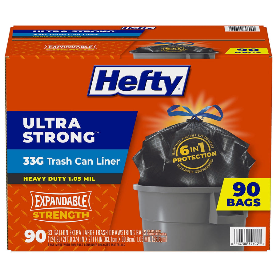 Hefty Ultra Strong 33G trash can liner retail box showing a tied black bag over a gray trash can and a yellow '90 bags' callout.