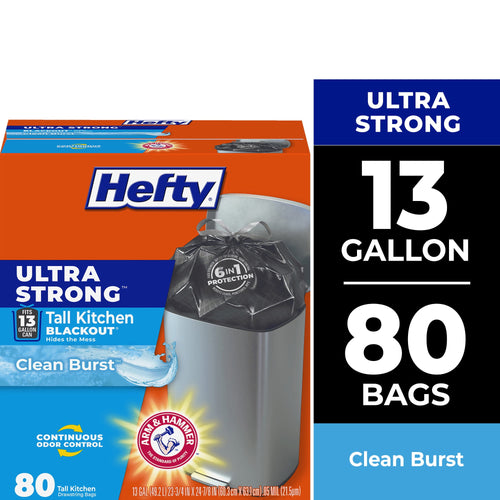 Hefty Ultra Strong orange and blue box showing a trash can with a black garbage bag and large '13 gallon 80 bags' panel.