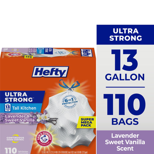 Hefty Ultra Strong orange retail box showing a tied white drawstring trash bag and 13 gallon / 110 bags callouts.