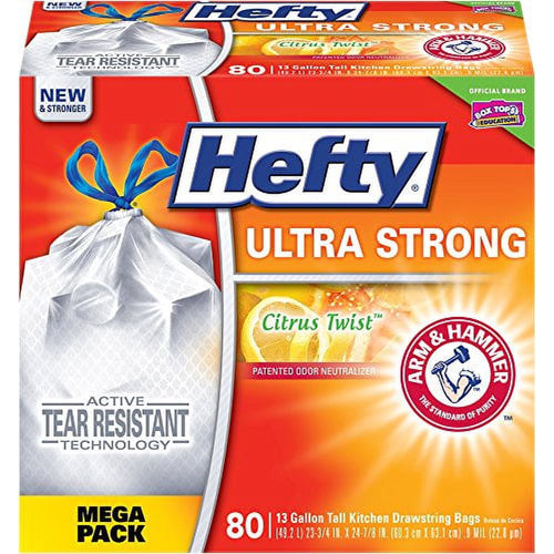 Hefty Ultra Strong citrus twist 80-count mega pack box with Arm & Hammer logo and tear resistant bag image