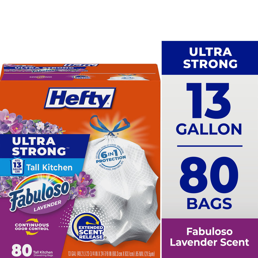 Hefty Ultra Strong 13-gallon tall kitchen trash bag box with Fabuloso lavender branding and product callouts