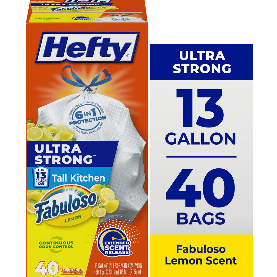 Front-facing product box of Hefty Ultra Strong 13 gallon tall kitchen trash bags with Fabuloso lemon branding