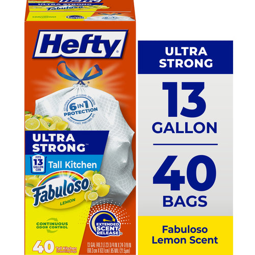 Hefty orange retail box showing Ultra Strong 13 gallon tall kitchen trash bags with Fabuloso lemon branding