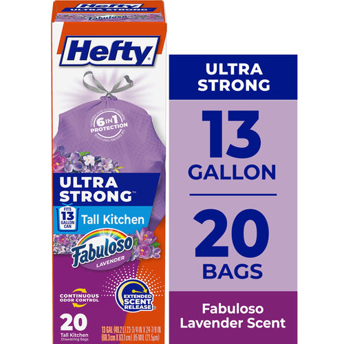 Tall rectangular box of Hefty Ultra Strong lavender-scented 13 gallon trash bags with Fabuloso branding