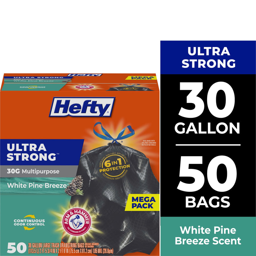 Hefty Ultra Strong orange box packaging showing a black drawstring trash bag and 30 gallon / 50 bags callout