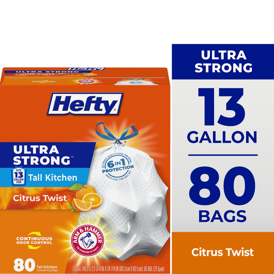Hefty Ultra Strong orange packaging showing 13 gallon label, 80 bags callout and citrus imagery on box.