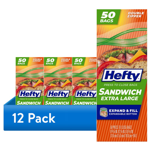 Pack of Hefty XL sandwich bag boxes arranged as a 12-pack display with bold 12 Pack label