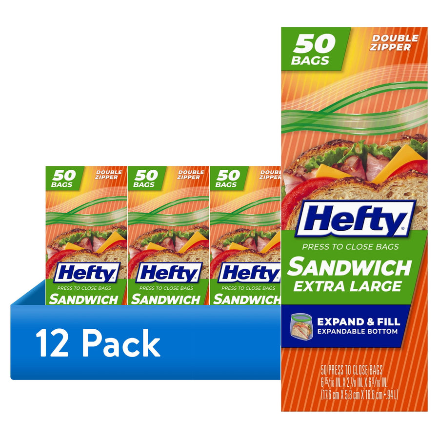 Pack of Hefty XL sandwich bag boxes arranged as a 12-pack display with bold 12 Pack label