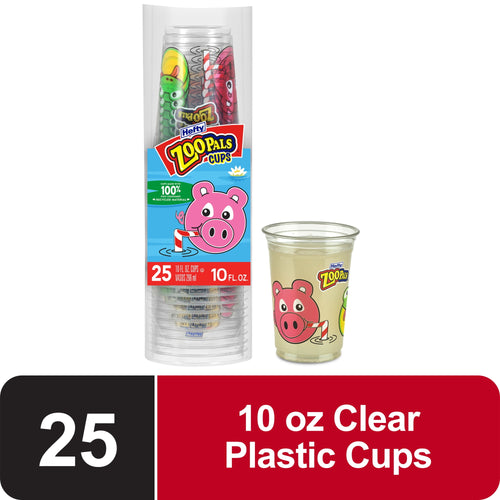 Stacked clear plastic cups in branded Hefty Zoo Pals sleeve with a single illustrated animal cup shown beside the pack.