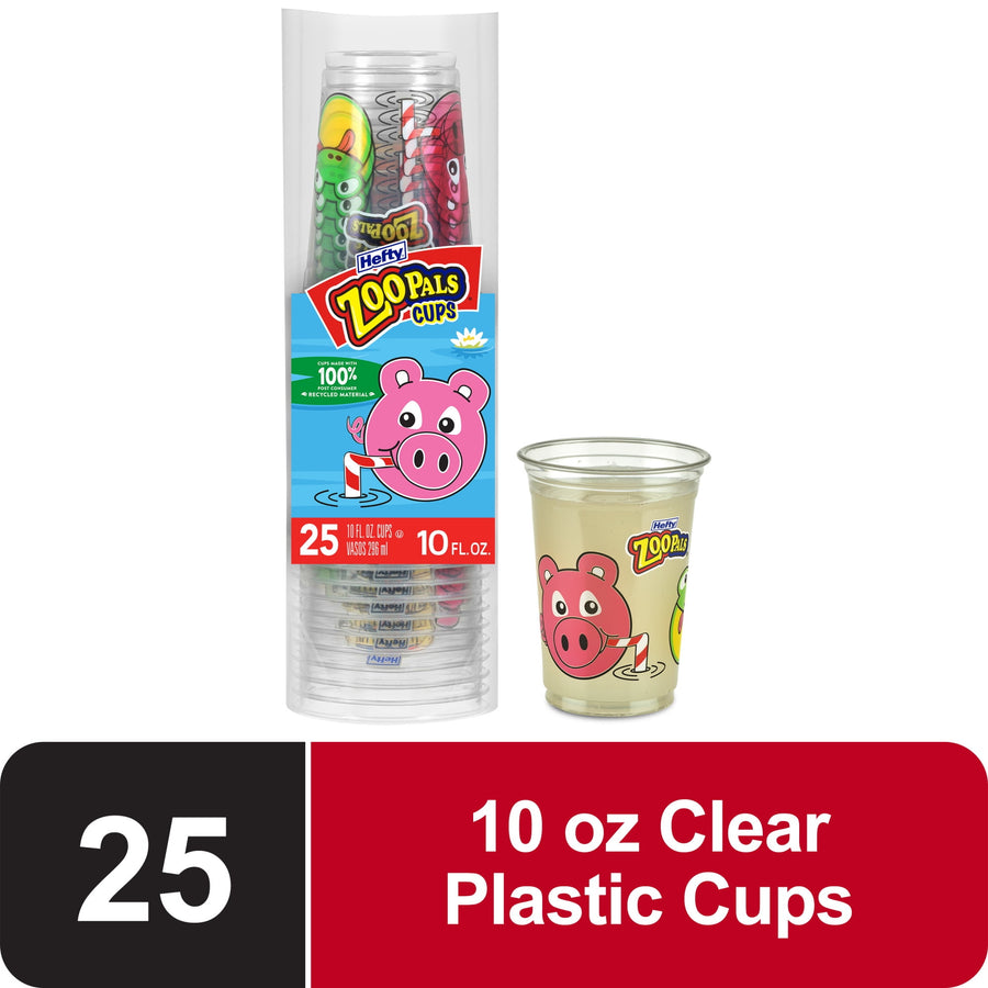 Stacked clear plastic cups in branded Hefty Zoo Pals sleeve with a single illustrated animal cup shown beside the pack.
