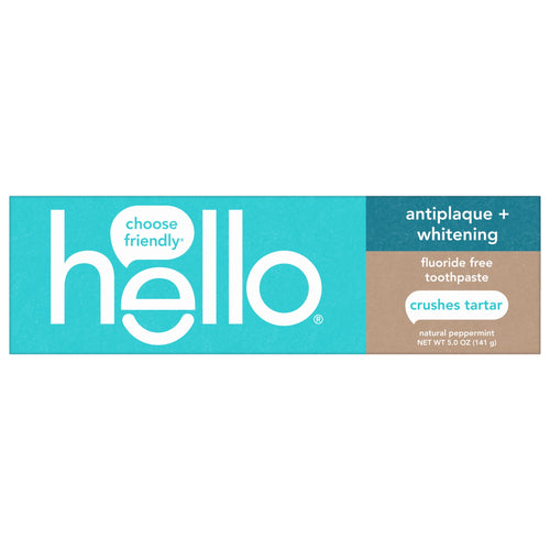 Horizontal product box for Hello antiplaque + whitening fluoride-free toothpaste with large hello logo.