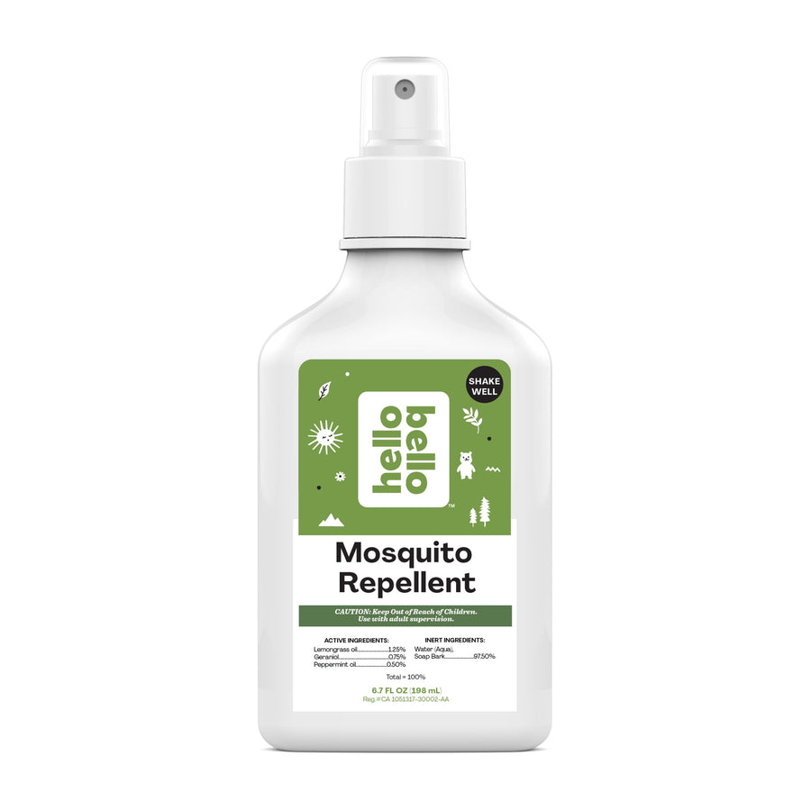 White Hello Bello spray bottle labeled Mosquito Repellent with green logo and pump top on white background.