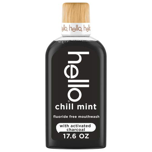 Front-facing bottle of hello chill mint activated charcoal mouthwash with wood-look cap on white background