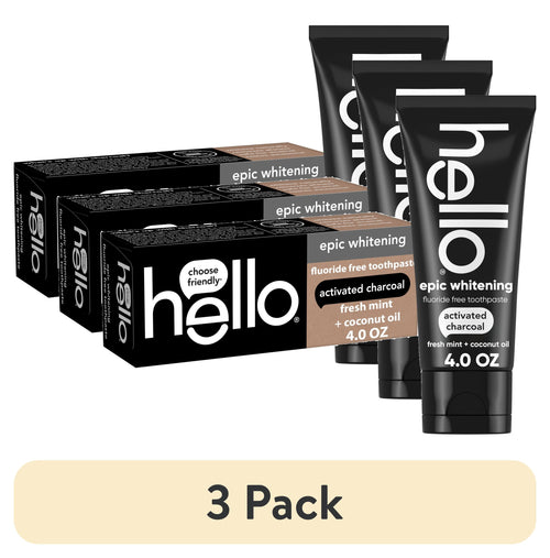 Three black tubes and three matching boxes of hello epic whitening activated charcoal toothpaste, 4.0 oz, arranged together