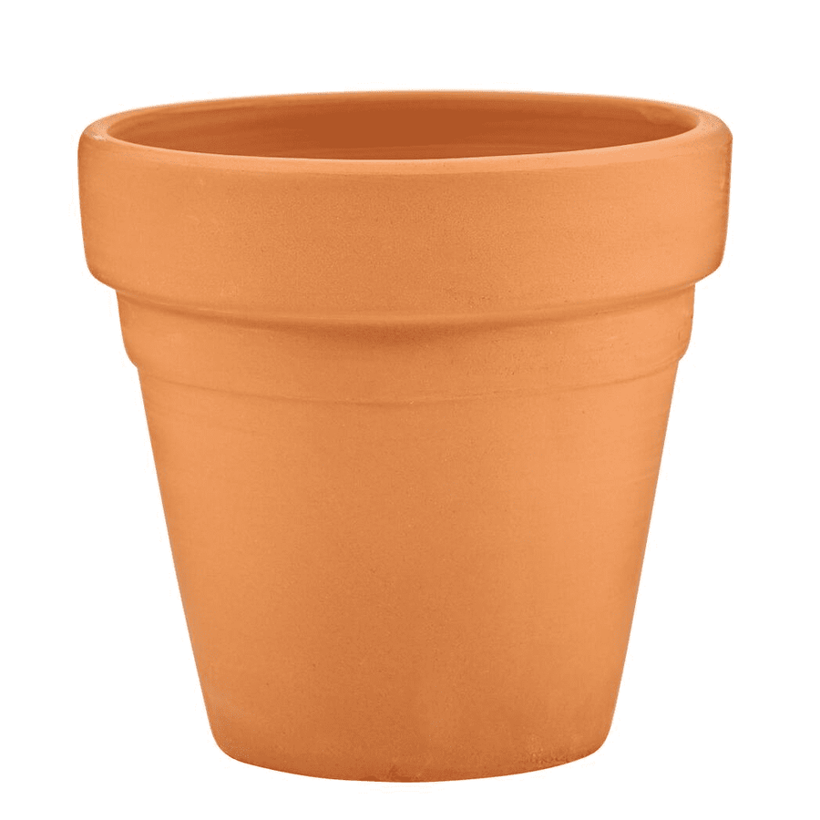 Plain small terracotta plant pot on white background, smooth unfinished clay with single rim detail